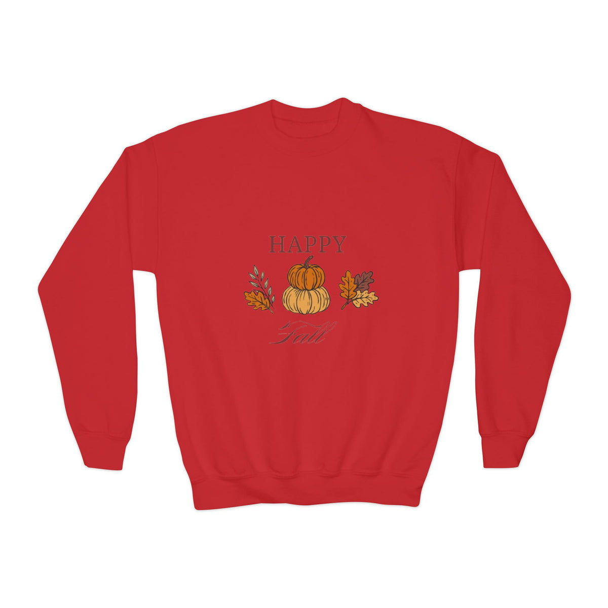 Youth Crewneck Sweatshirt — "Happy Fall" Pumpkin & Leaves Kids Sweatshirt