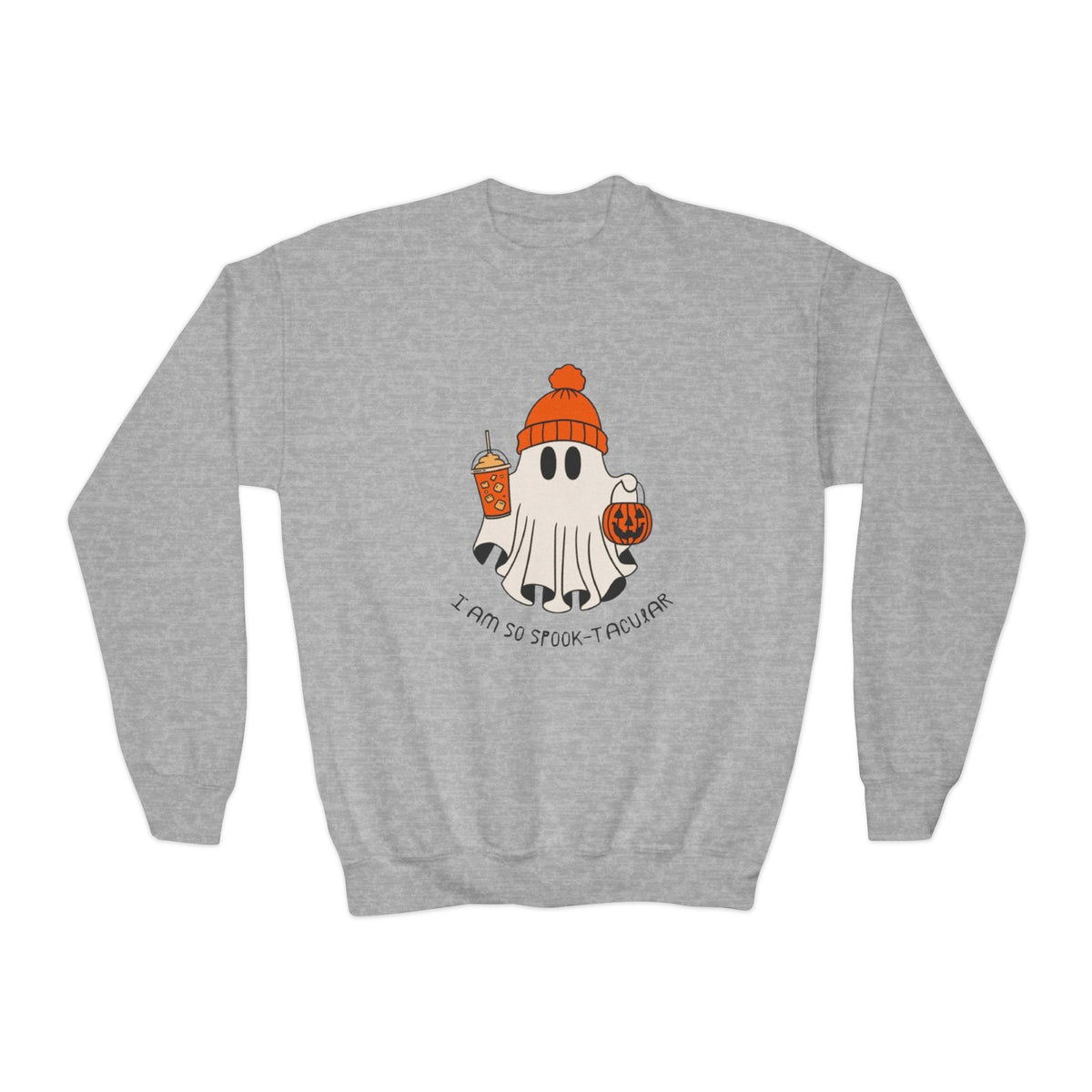 Youth Sweatshirt — Cute Ghost with Pumpkin & Pumpkin Spice ("I Am So Spook-Tacular")
