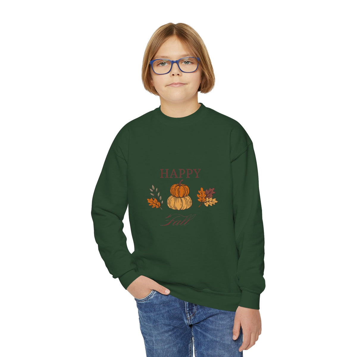 Youth Crewneck Sweatshirt — "Happy Fall" Pumpkin & Leaves Kids Sweatshirt