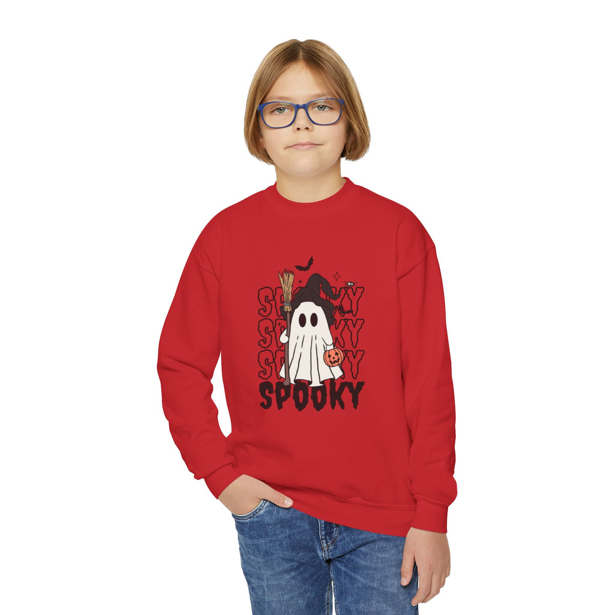 Youth Spooky Ghost Crewneck Sweatshirt — Halloween Kids Pullover