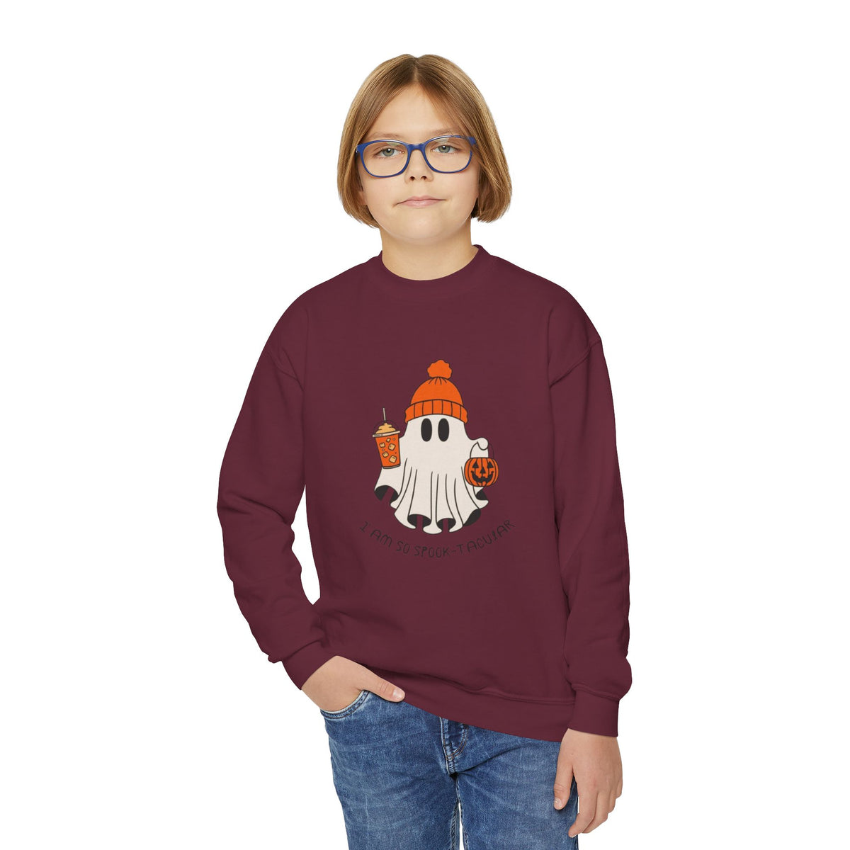 Youth Sweatshirt — Cute Ghost with Pumpkin & Pumpkin Spice ("I Am So Spook-Tacular")