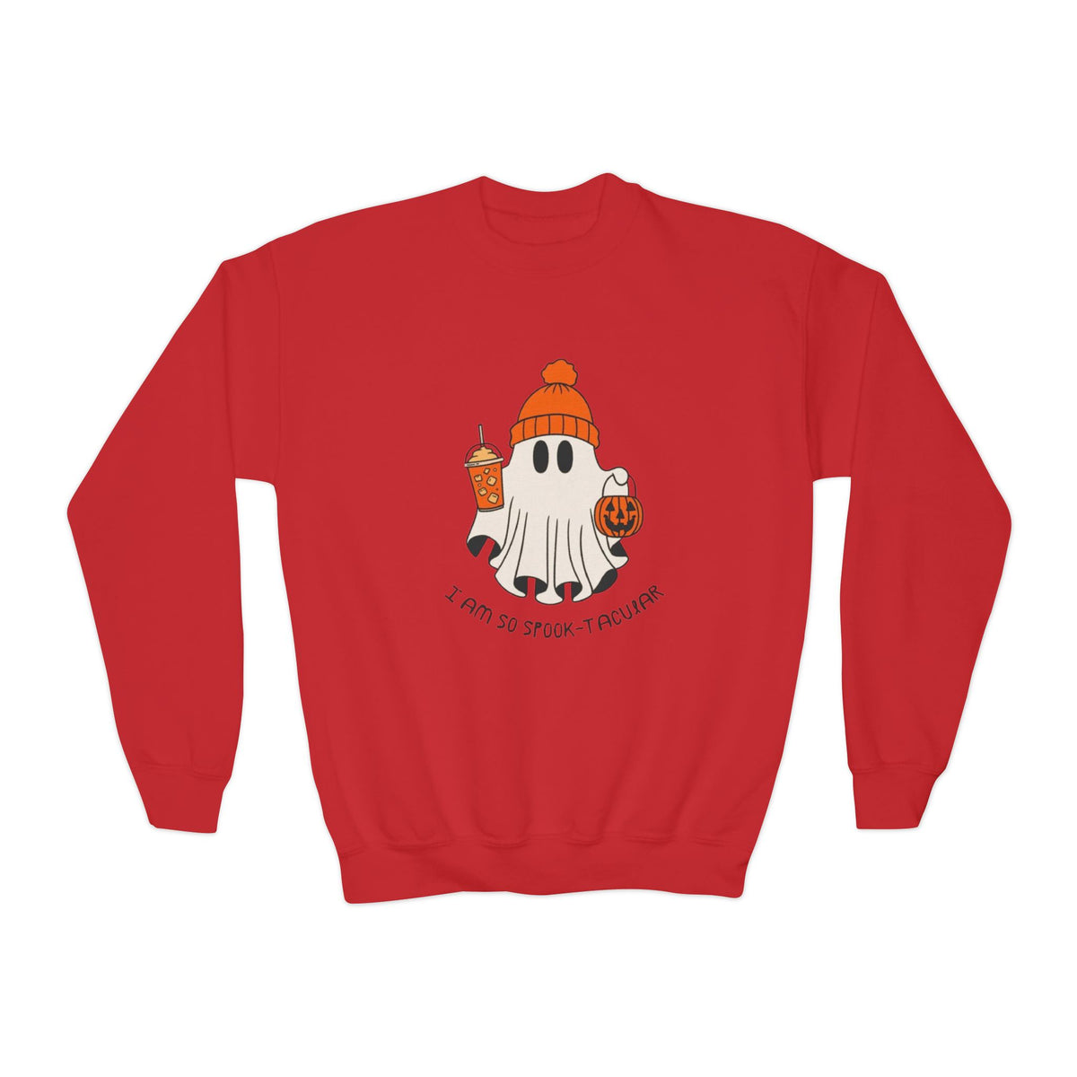 Youth Sweatshirt — Cute Ghost with Pumpkin & Pumpkin Spice ("I Am So Spook-Tacular")