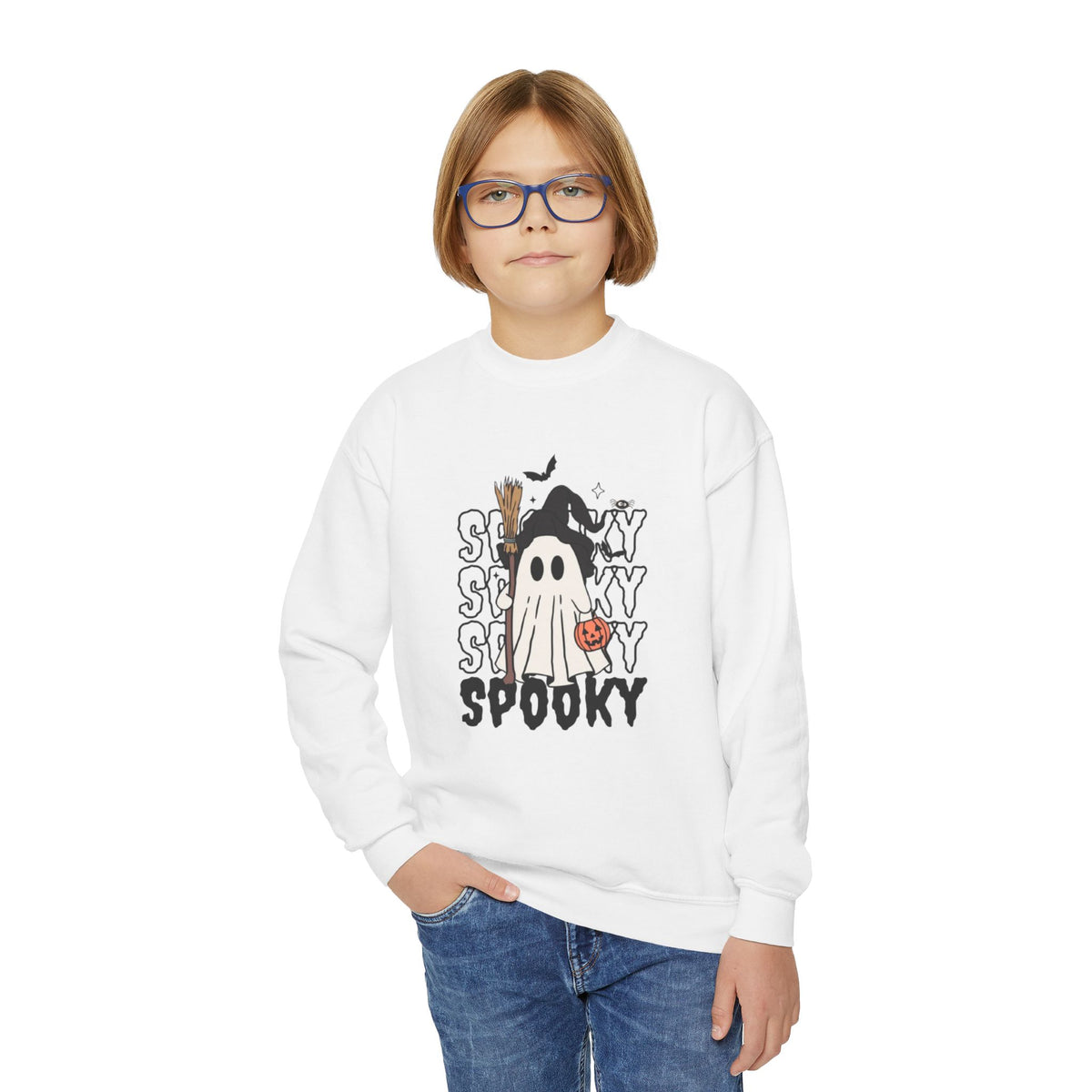 Youth Spooky Ghost Crewneck Sweatshirt — Halloween Kids Pullover