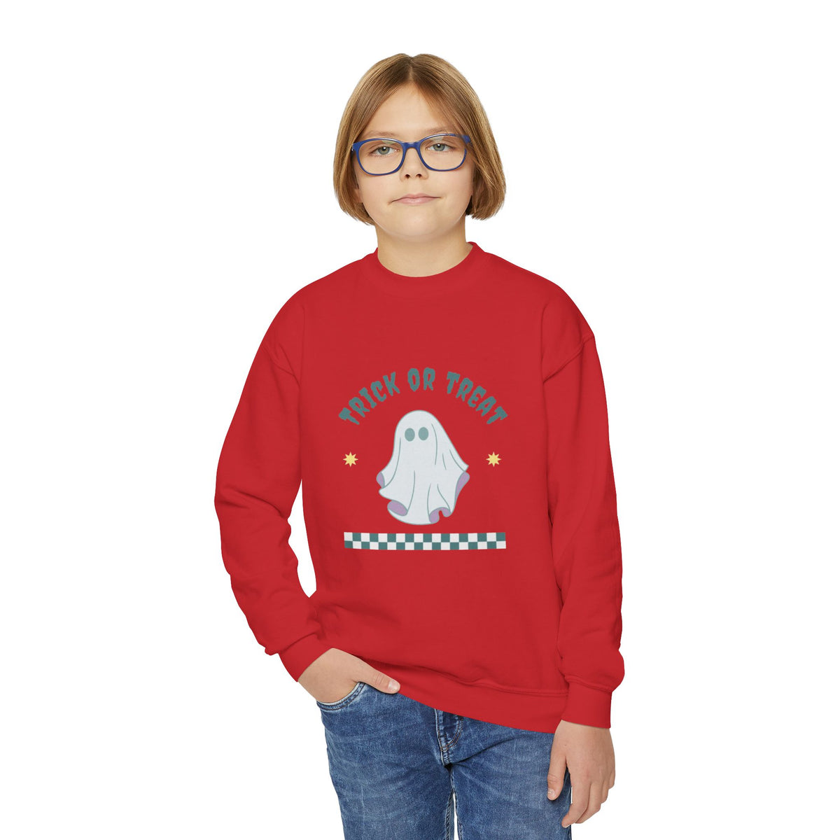 Youth Halloween Sweatshirt - 'Trick or Treat' Cute Ghost Crewneck