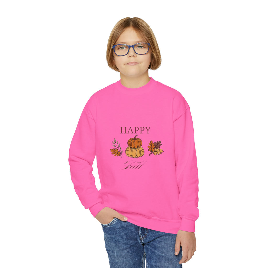 Youth Crewneck Sweatshirt — "Happy Fall" Pumpkin & Leaves Kids Sweatshirt