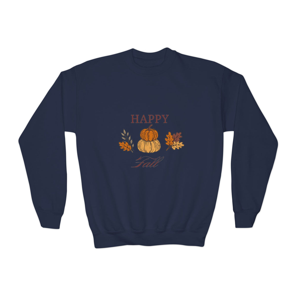 Youth Crewneck Sweatshirt — "Happy Fall" Pumpkin & Leaves Kids Sweatshirt
