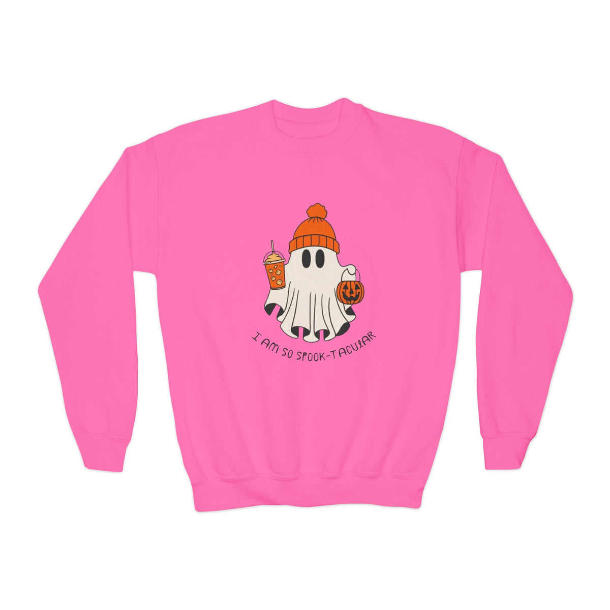 Youth Sweatshirt — Cute Ghost with Pumpkin & Pumpkin Spice ("I Am So Spook-Tacular")