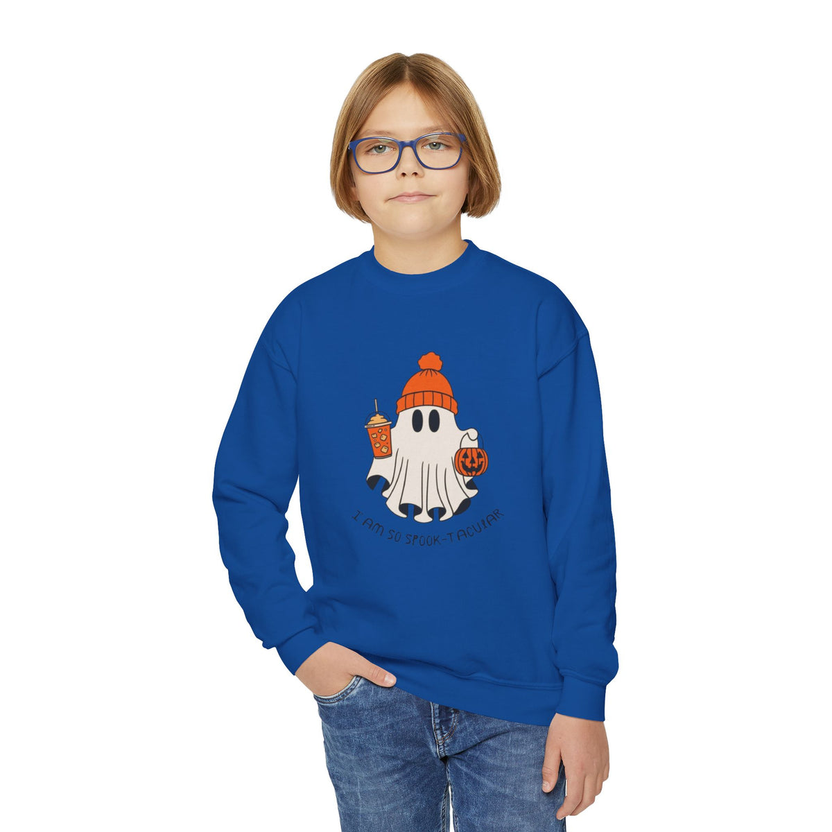 Youth Sweatshirt — Cute Ghost with Pumpkin & Pumpkin Spice ("I Am So Spook-Tacular")