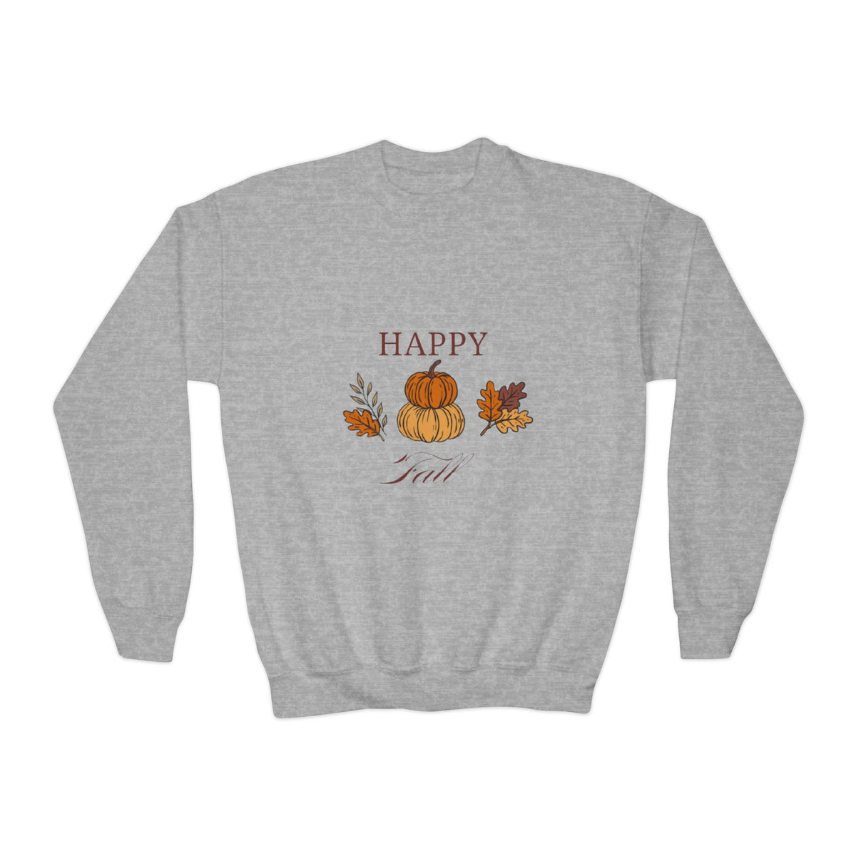 Youth Crewneck Sweatshirt — "Happy Fall" Pumpkin & Leaves Kids Sweatshirt