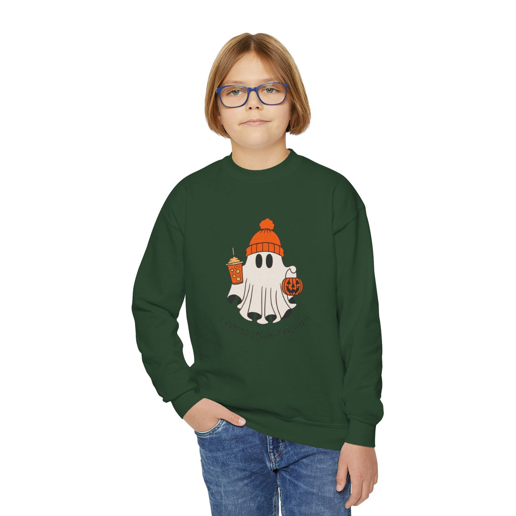 Youth Sweatshirt — Cute Ghost with Pumpkin & Pumpkin Spice ("I Am So Spook-Tacular")