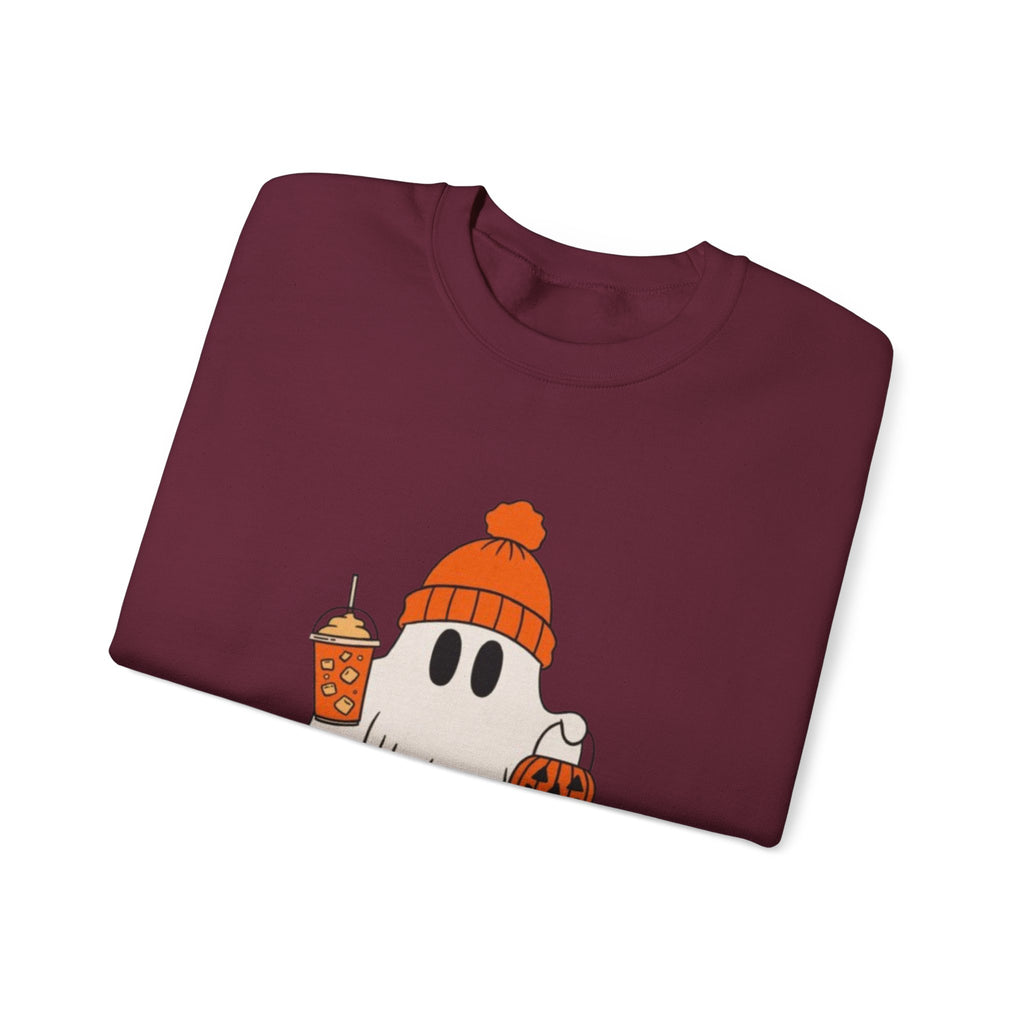 Spooky-Tacular Ghost Sweatshirt — Cute Halloween Ghost with Pumpkin & Coffee