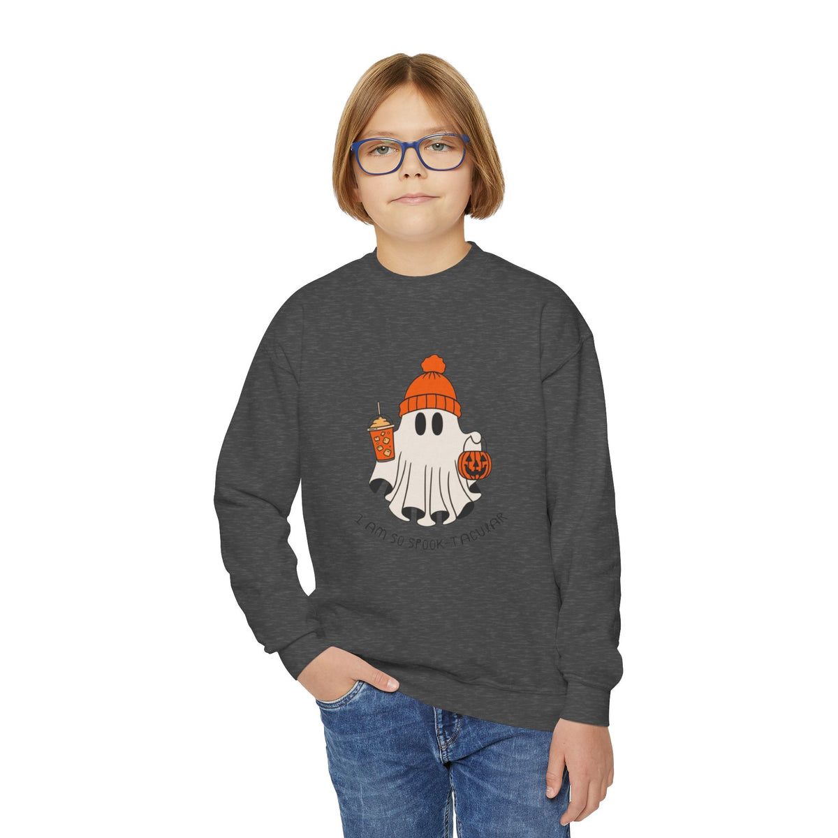 Youth Sweatshirt — Cute Ghost with Pumpkin & Pumpkin Spice ("I Am So Spook-Tacular")