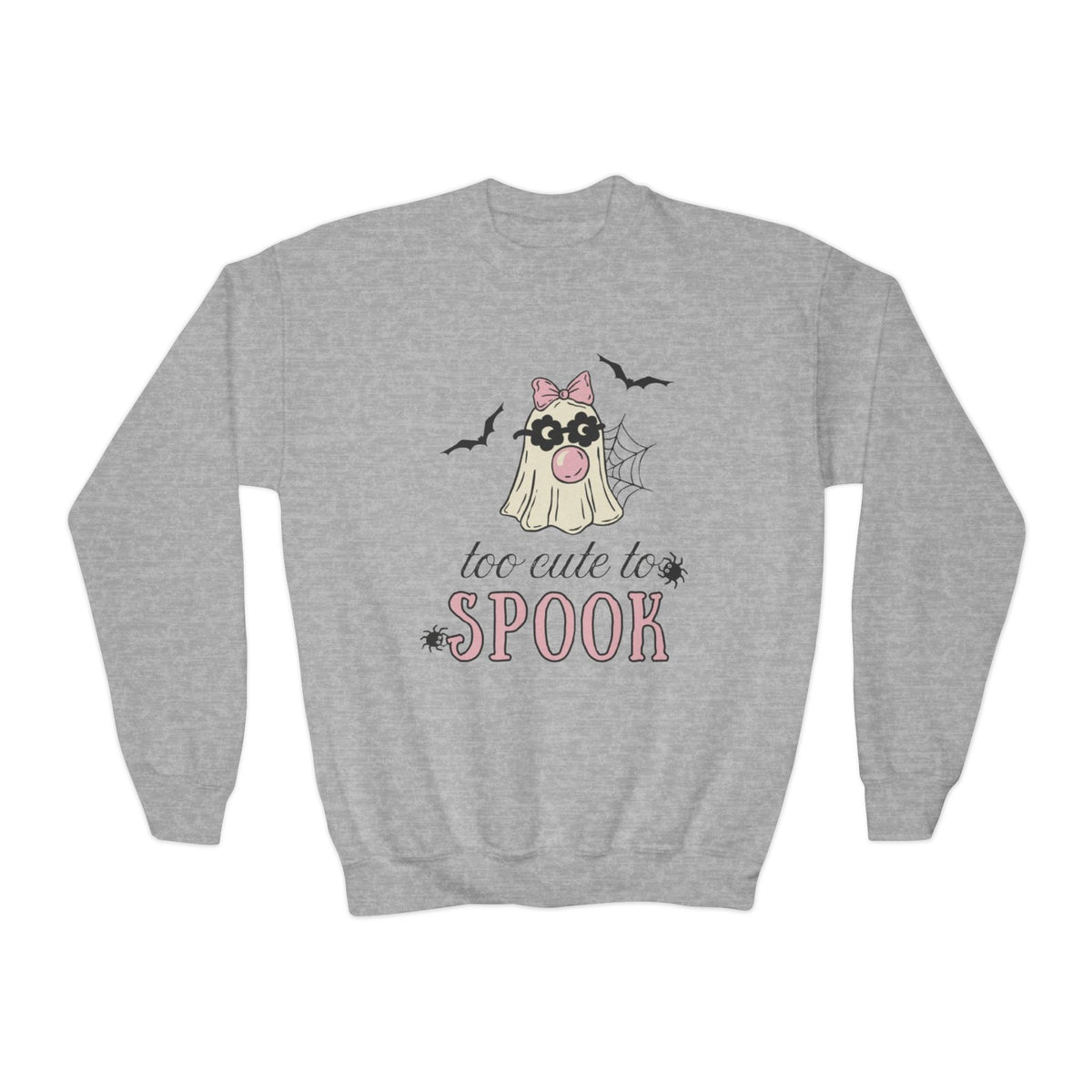 Youth Sweatshirt — "Too Cute to Spook" Halloween Ghost Crewneck