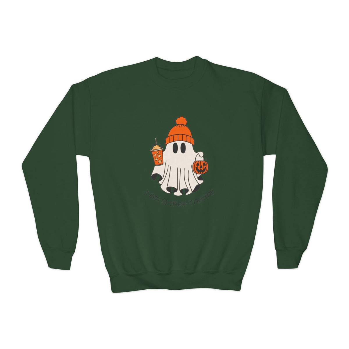 Youth Sweatshirt — Cute Ghost with Pumpkin & Pumpkin Spice ("I Am So Spook-Tacular")