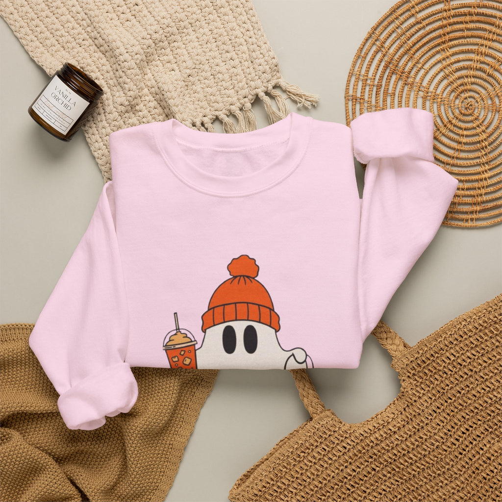Spooky-Tacular Ghost Sweatshirt — Cute Halloween Ghost with Pumpkin & Coffee
