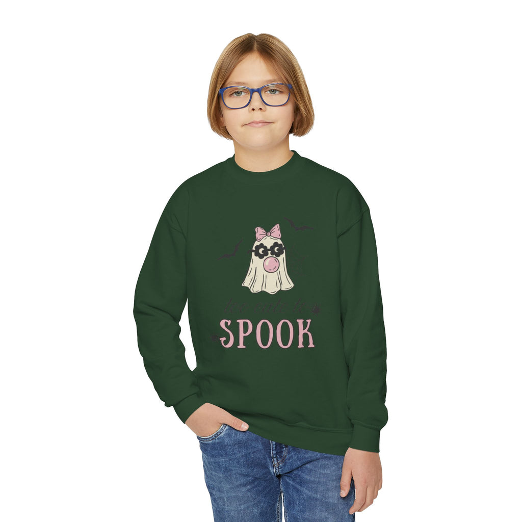 Youth Sweatshirt — "Too Cute to Spook" Halloween Ghost Crewneck