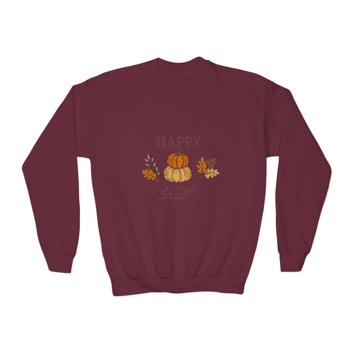Youth Crewneck Sweatshirt — "Happy Fall" Pumpkin & Leaves Kids Sweatshirt