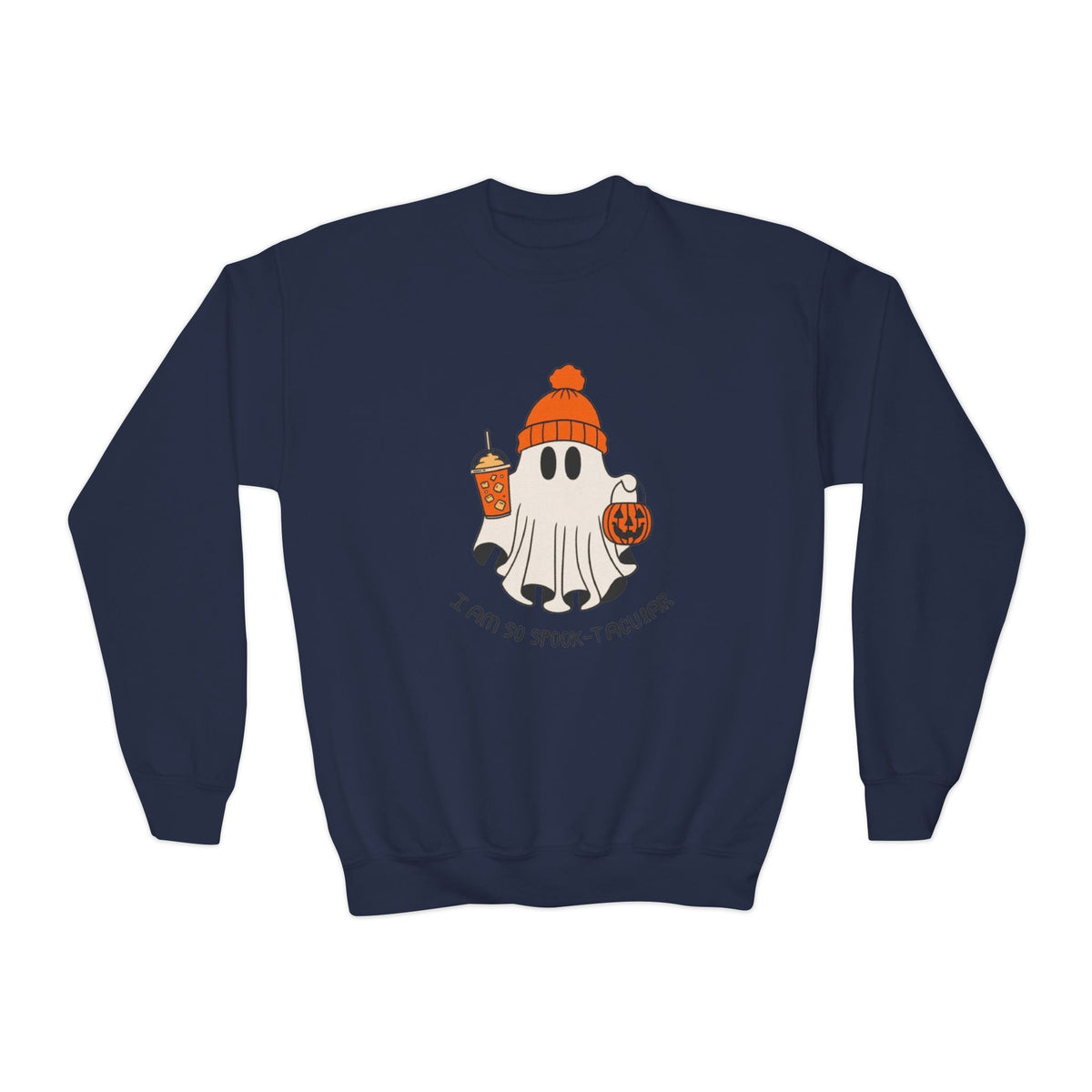 Youth Sweatshirt — Cute Ghost with Pumpkin & Pumpkin Spice ("I Am So Spook-Tacular")