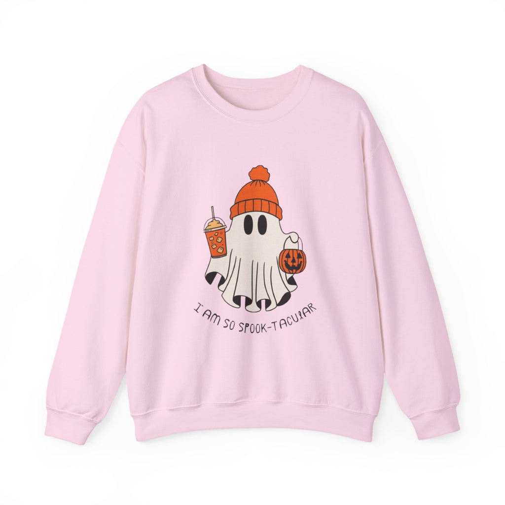 Spooky-Tacular Ghost Sweatshirt — Cute Halloween Ghost with Pumpkin & Coffee