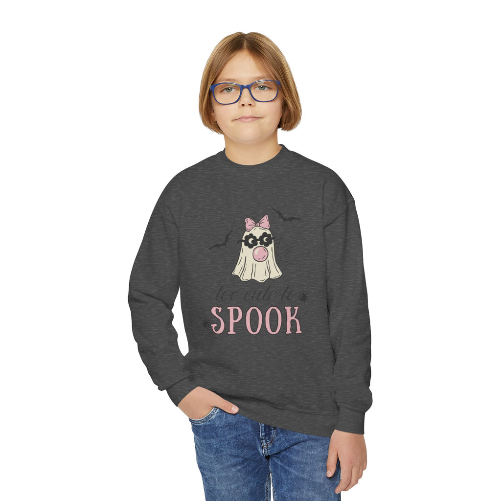 Youth Sweatshirt — "Too Cute to Spook" Halloween Ghost Crewneck