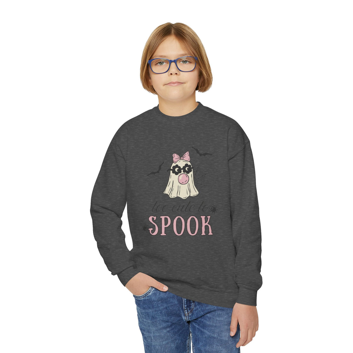 Youth Sweatshirt — "Too Cute to Spook" Halloween Ghost Crewneck