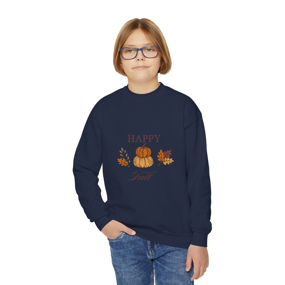 Youth Crewneck Sweatshirt — "Happy Fall" Pumpkin & Leaves Kids Sweatshirt