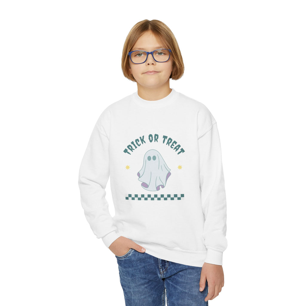 Youth Halloween Sweatshirt - 'Trick or Treat' Cute Ghost Crewneck
