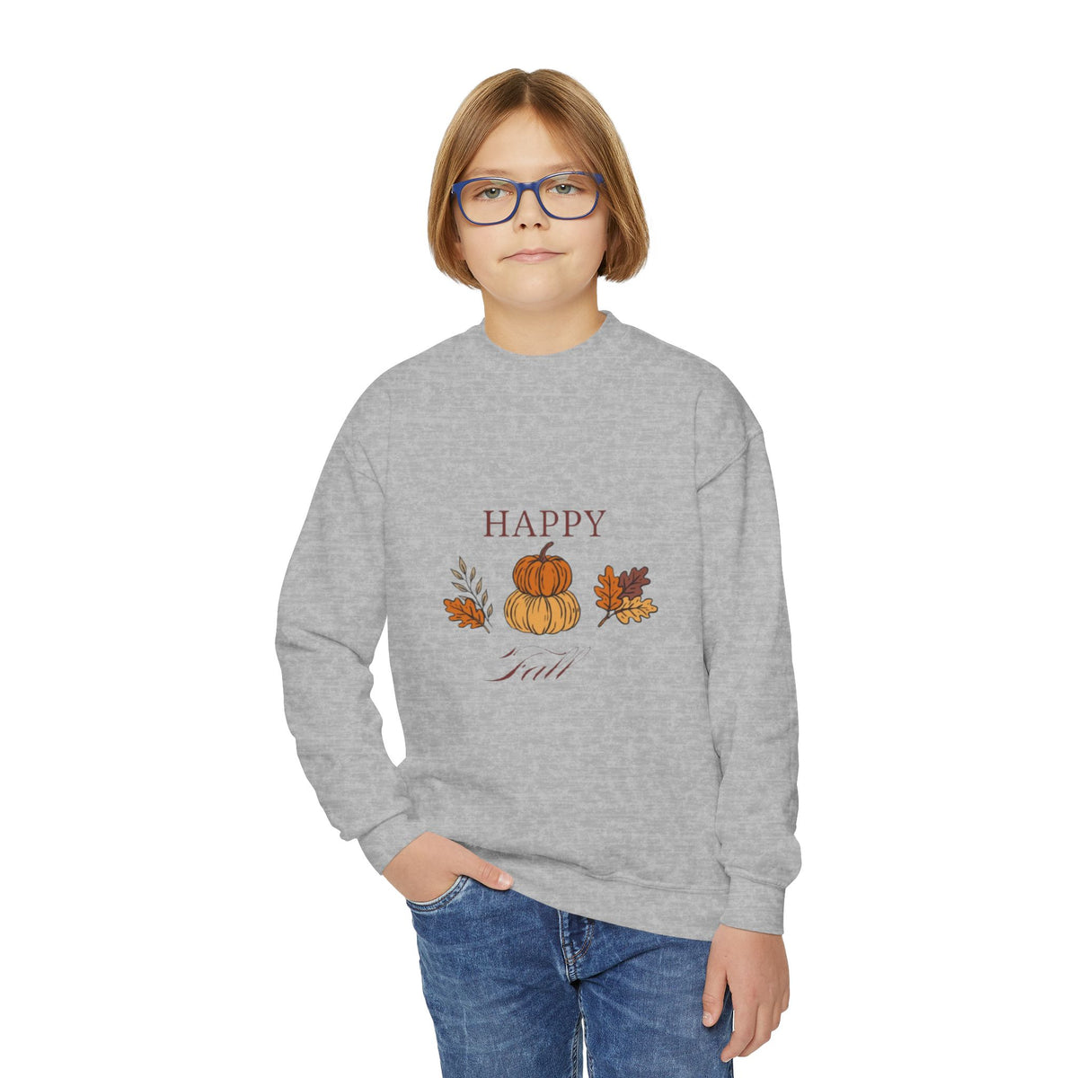 Youth Crewneck Sweatshirt — "Happy Fall" Pumpkin & Leaves Kids Sweatshirt