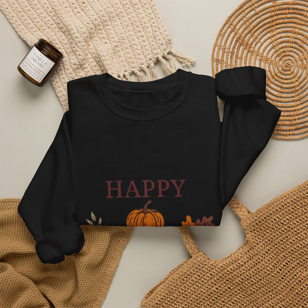Happy Fall Crewneck Sweatshirt — Cozy Pumpkin & Autumn Leaves Pullover