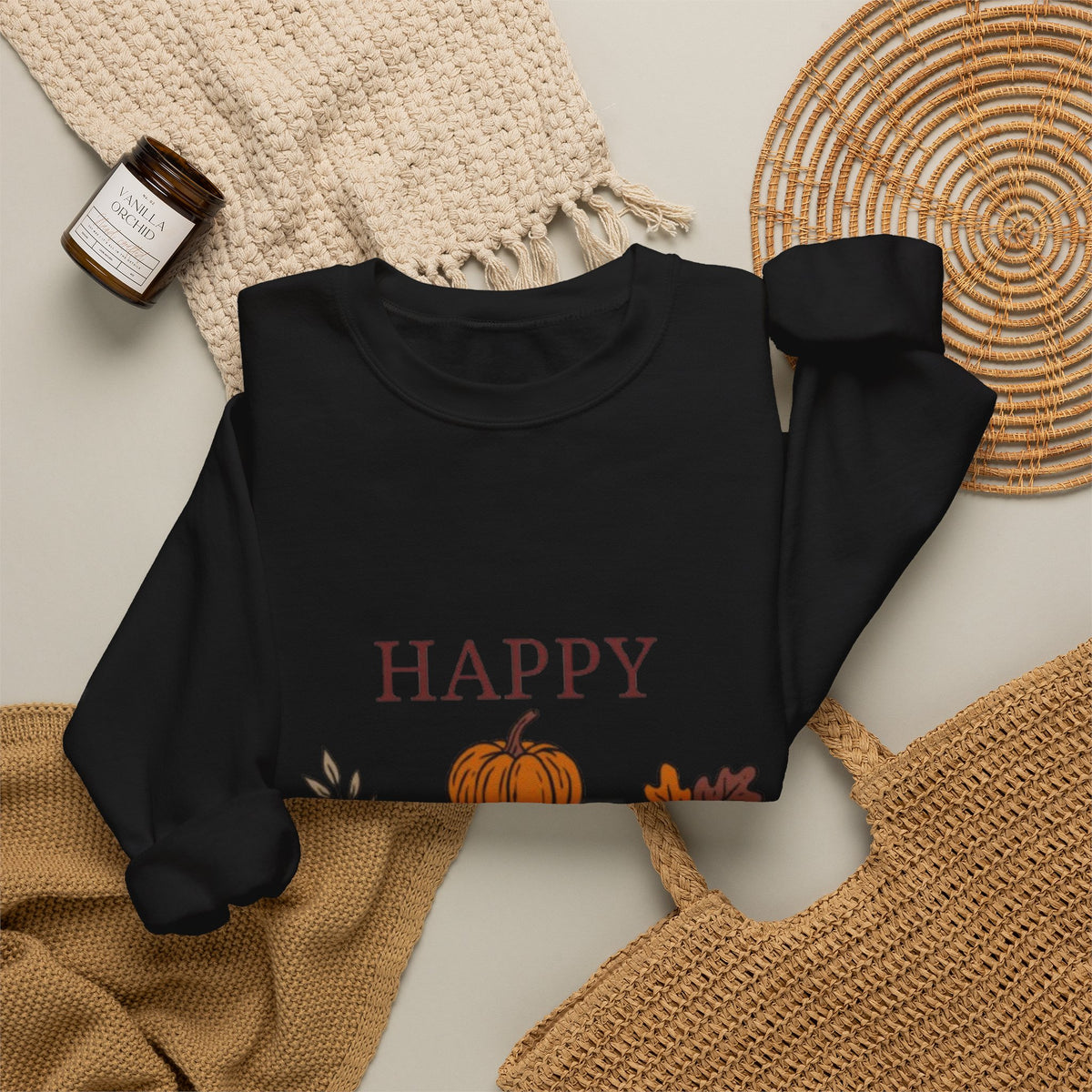 Happy Fall Crewneck Sweatshirt — Cozy Pumpkin & Autumn Leaves Pullover