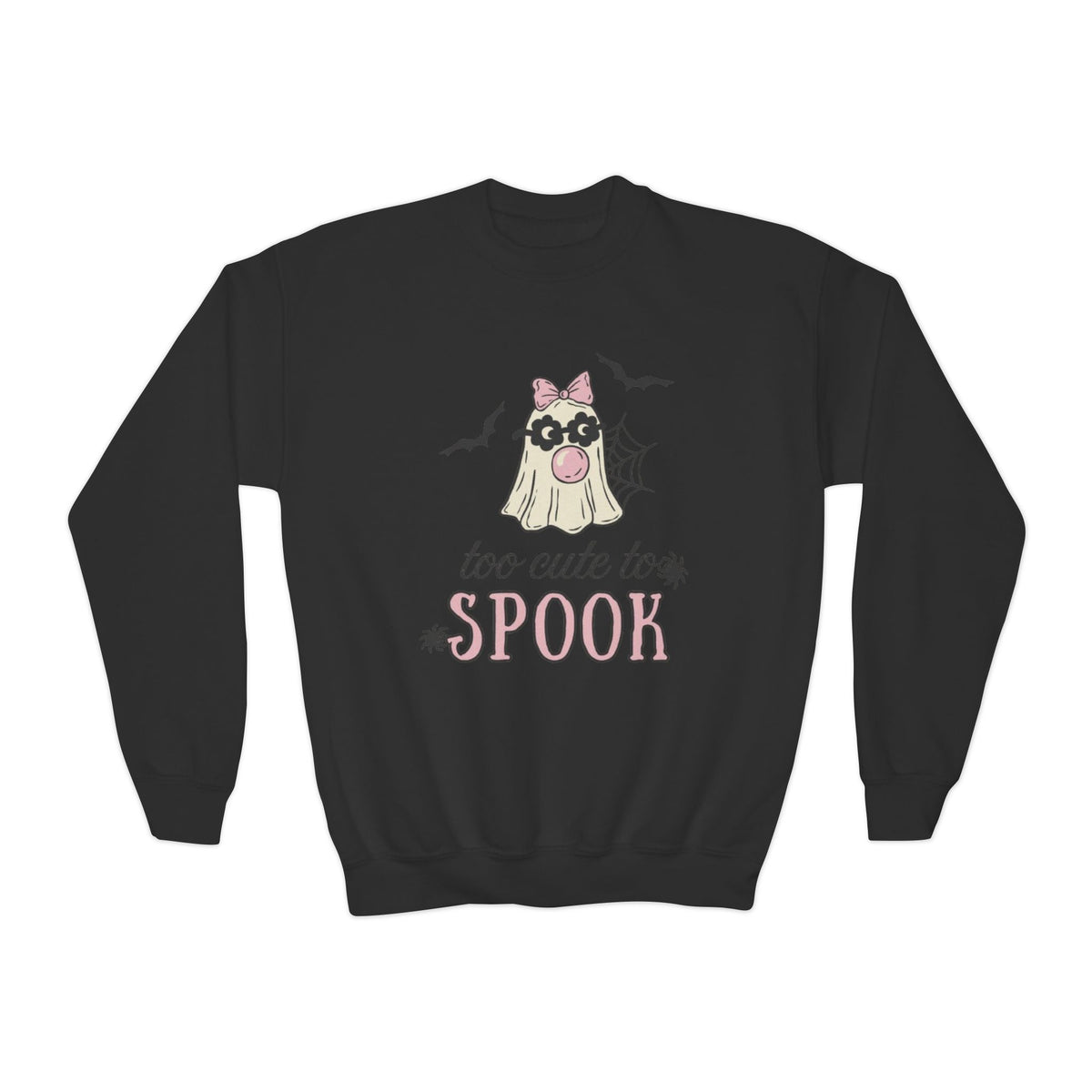 Youth Sweatshirt — "Too Cute to Spook" Halloween Ghost Crewneck