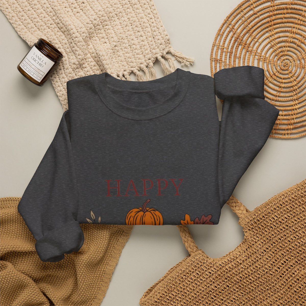 Happy Fall Crewneck Sweatshirt — Cozy Pumpkin & Autumn Leaves Pullover