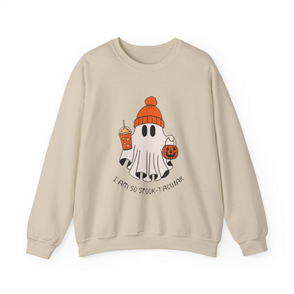 Spooky-Tacular Ghost Sweatshirt — Cute Halloween Ghost with Pumpkin & Coffee