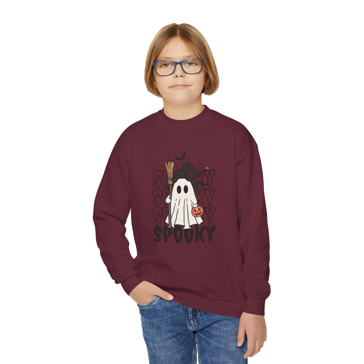Youth Spooky Ghost Crewneck Sweatshirt — Halloween Kids Pullover