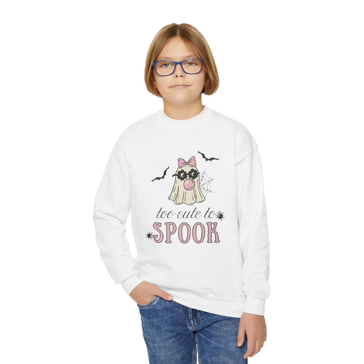 Youth Sweatshirt — "Too Cute to Spook" Halloween Ghost Crewneck