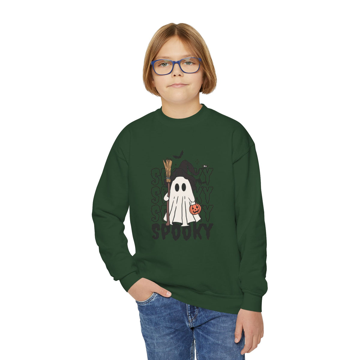 Youth Spooky Ghost Crewneck Sweatshirt — Halloween Kids Pullover
