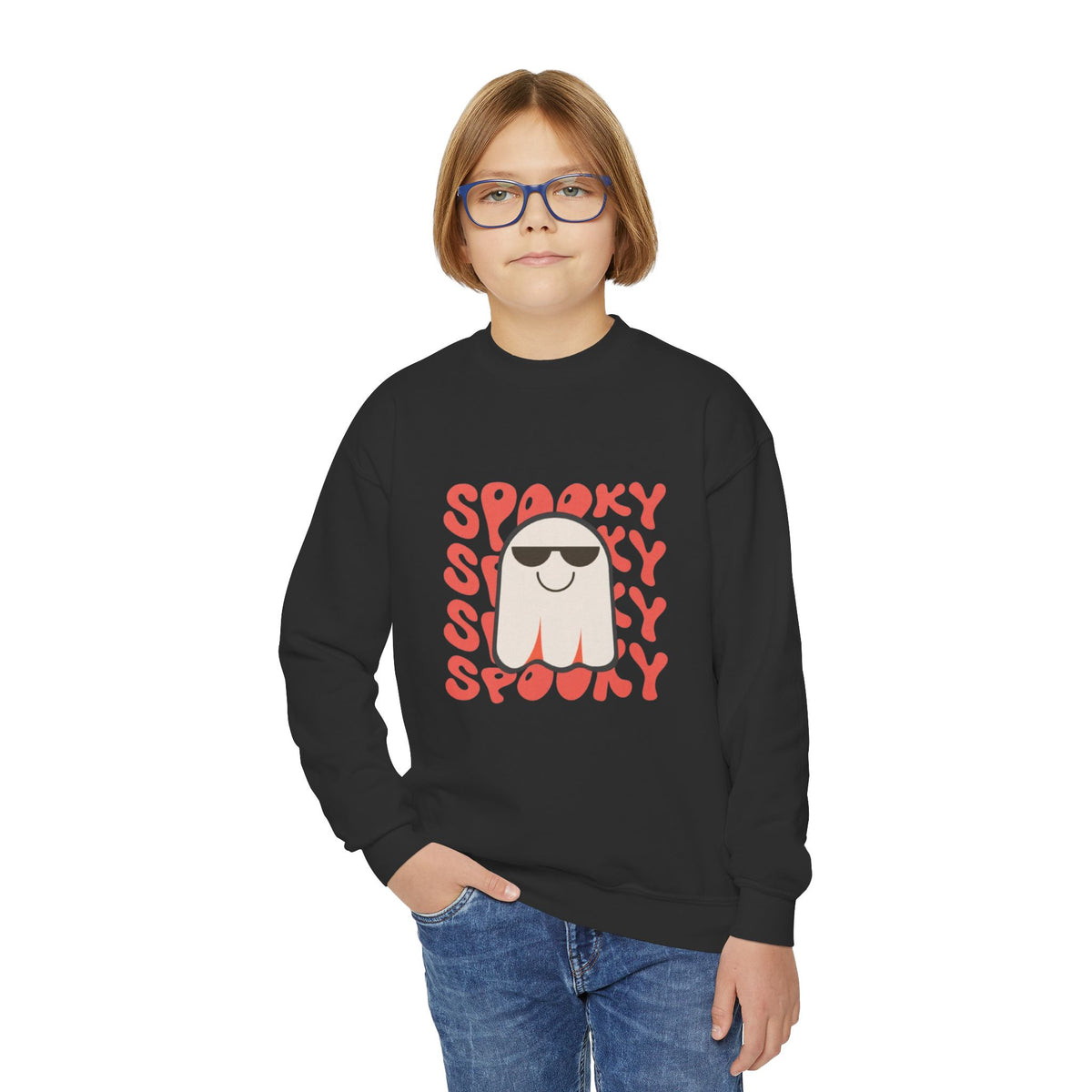 Youth Crewneck Sweatshirt — 'Spooky' Cool Ghost Kids Halloween Sweatshirt