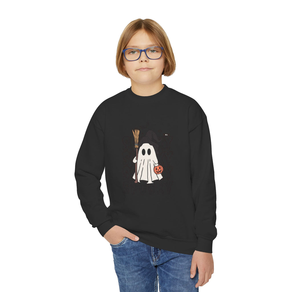 Youth Spooky Ghost Crewneck Sweatshirt — Halloween Kids Pullover