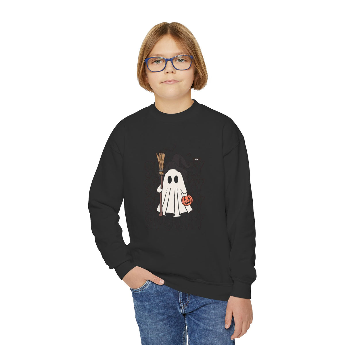 Youth Spooky Ghost Crewneck Sweatshirt — Halloween Kids Pullover