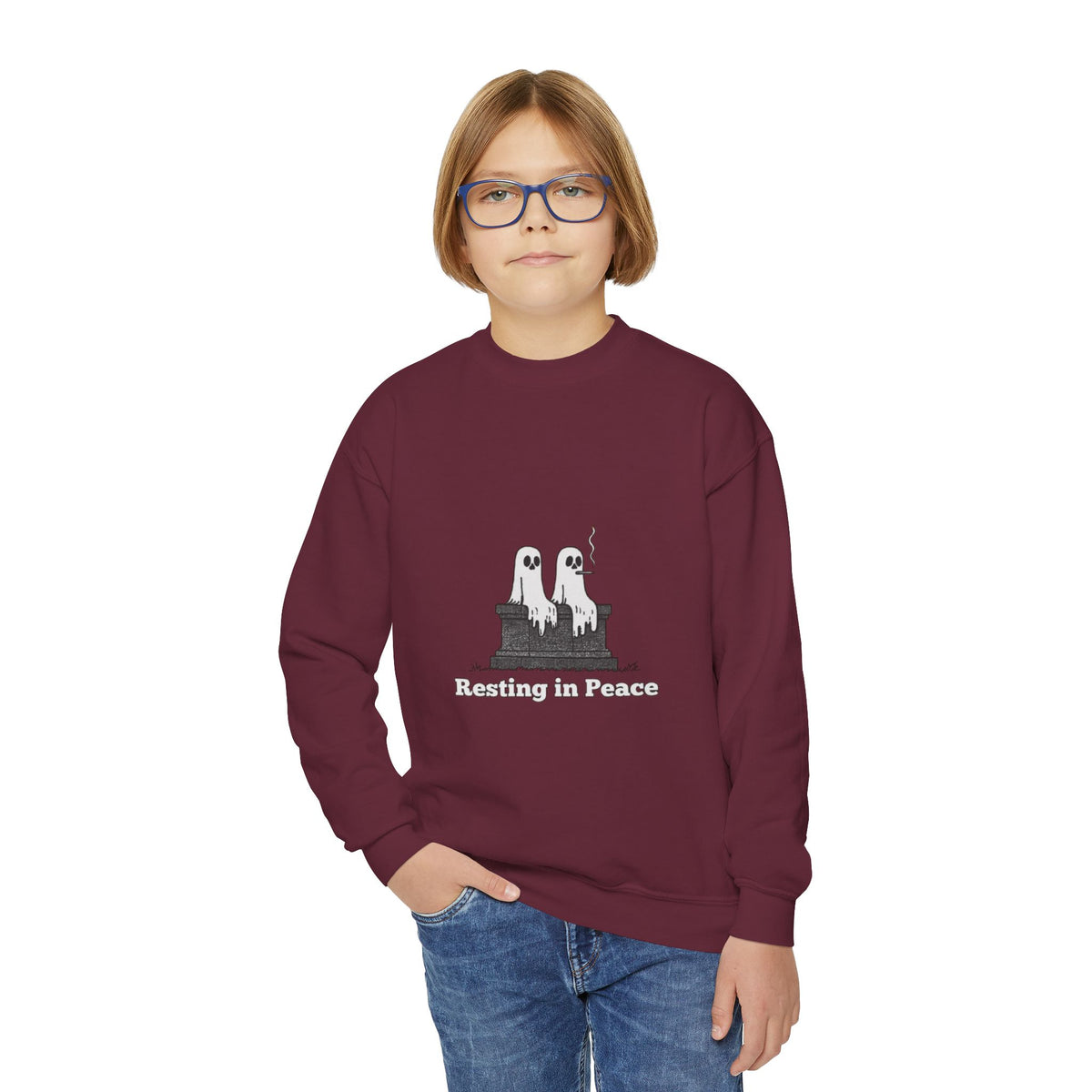 Youth Crewneck Sweatshirt — Cute Ghost Duo "Disturbing the Peace" Graphic