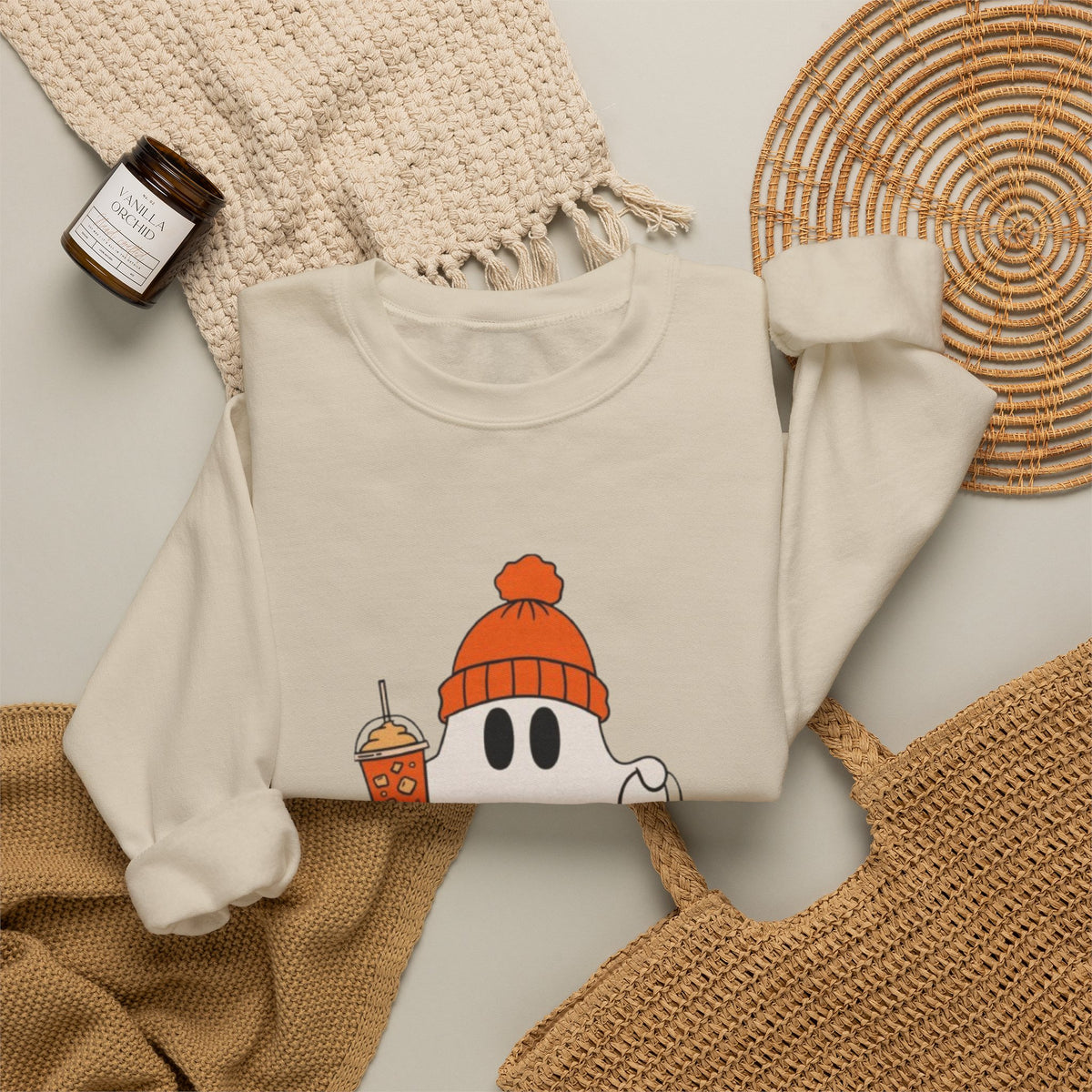 Spooky-Tacular Ghost Sweatshirt — Cute Halloween Ghost with Pumpkin & Coffee