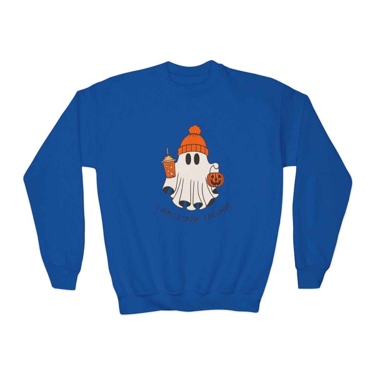 Youth Sweatshirt — Cute Ghost with Pumpkin & Pumpkin Spice ("I Am So Spook-Tacular")