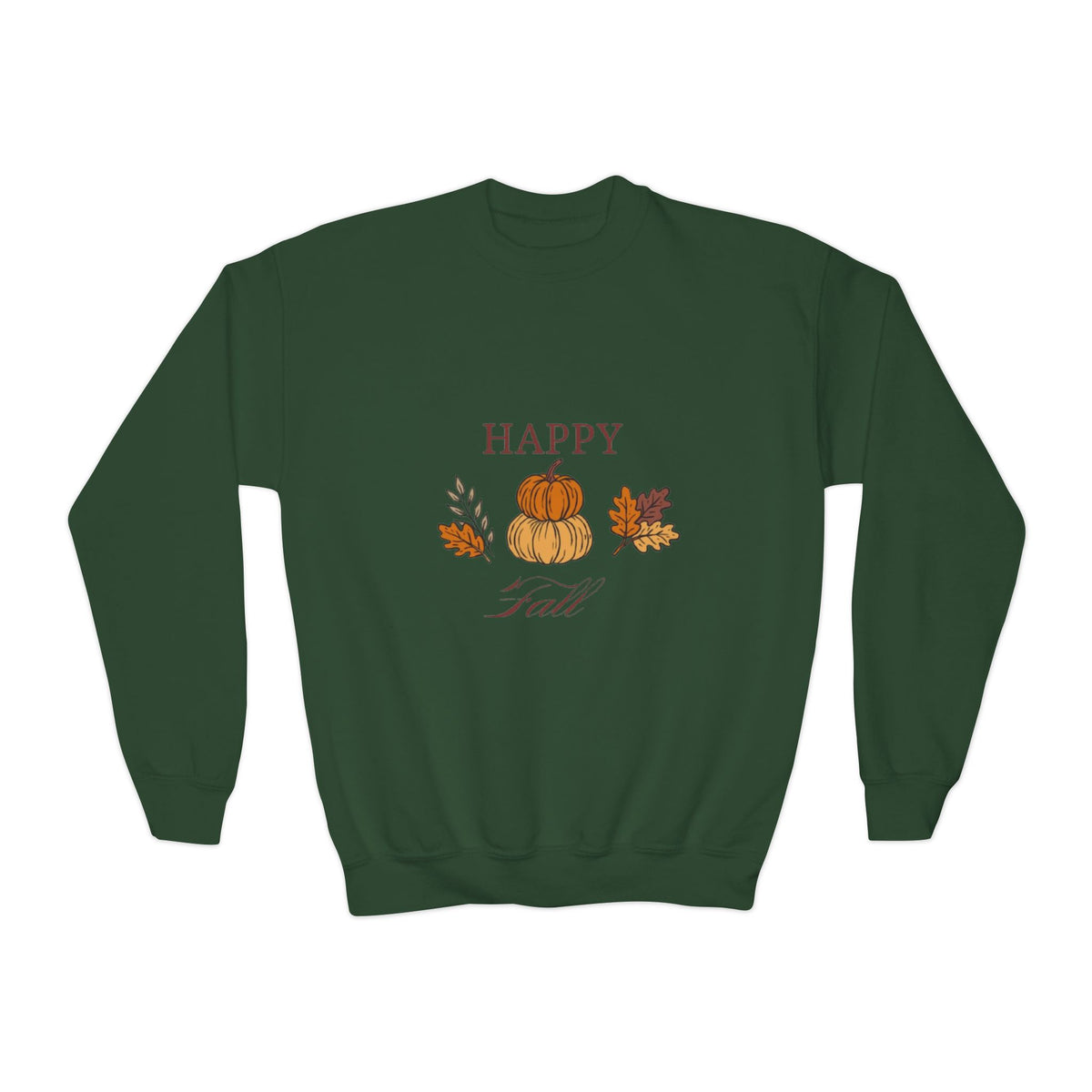 Youth Crewneck Sweatshirt — "Happy Fall" Pumpkin & Leaves Kids Sweatshirt