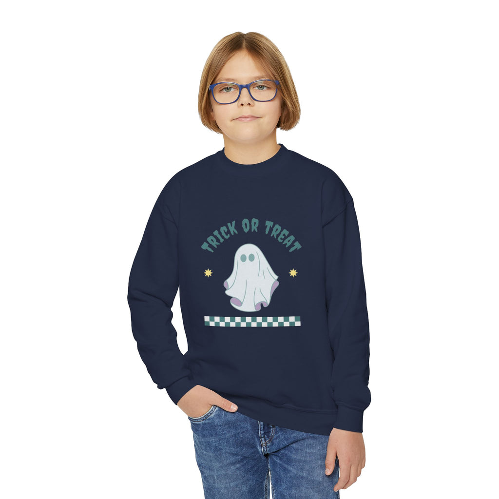 Youth Halloween Sweatshirt - 'Trick or Treat' Cute Ghost Crewneck