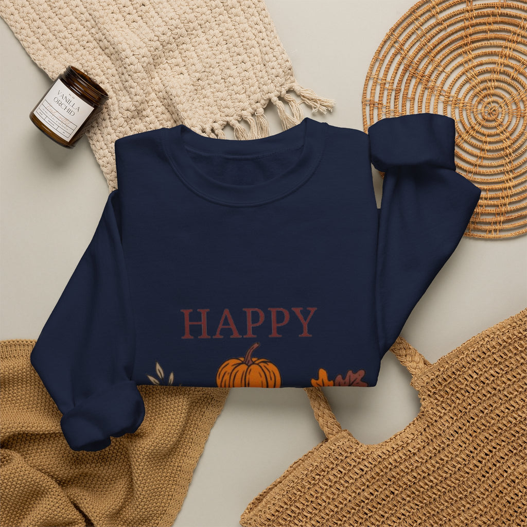 Happy Fall Crewneck Sweatshirt — Cozy Pumpkin & Autumn Leaves Pullover
