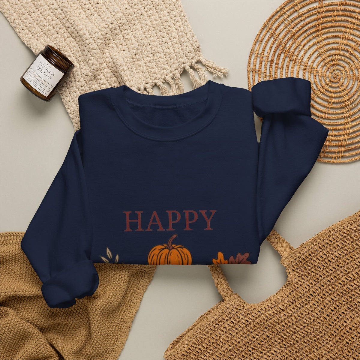 Happy Fall Crewneck Sweatshirt — Cozy Pumpkin & Autumn Leaves Pullover