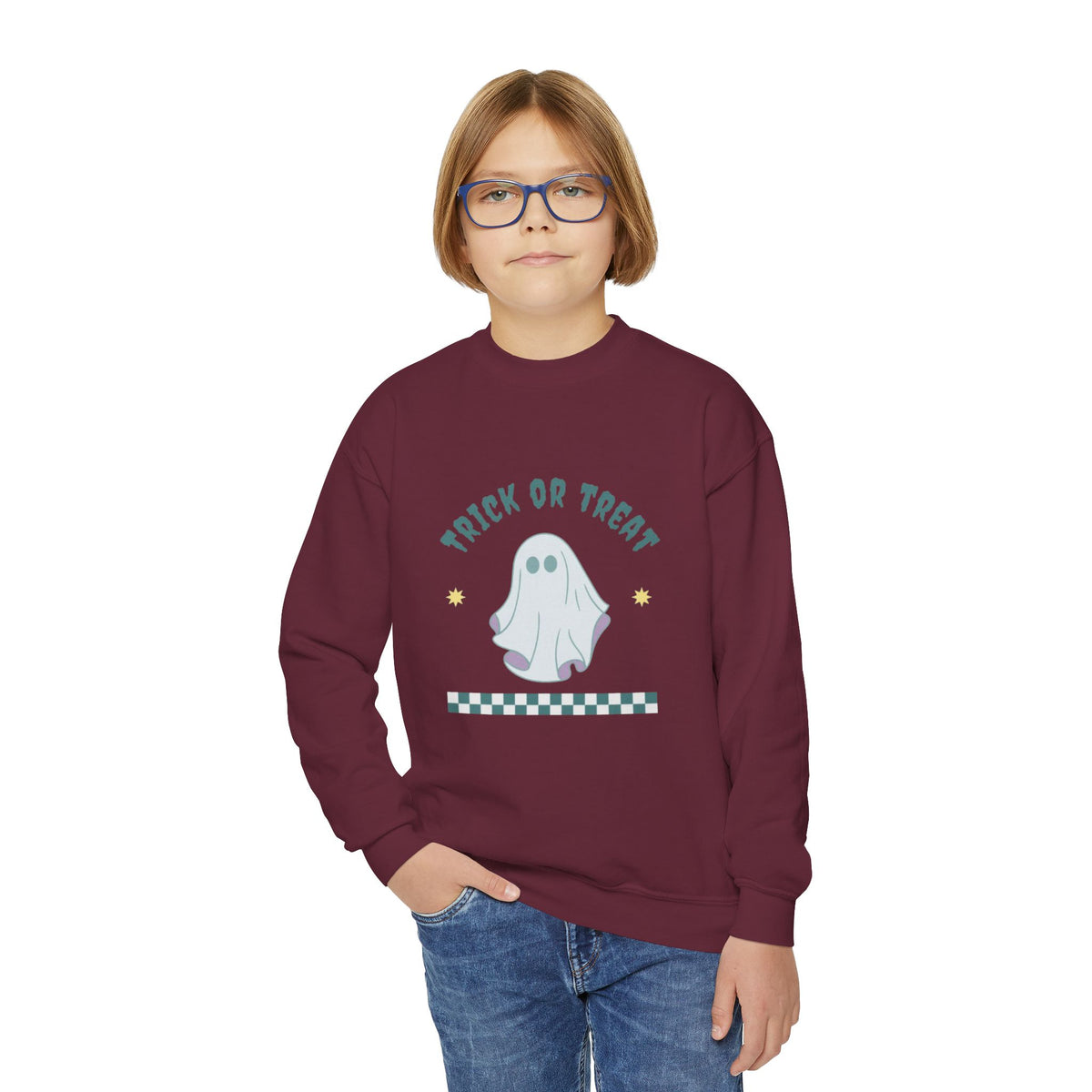 Youth Halloween Sweatshirt - 'Trick or Treat' Cute Ghost Crewneck
