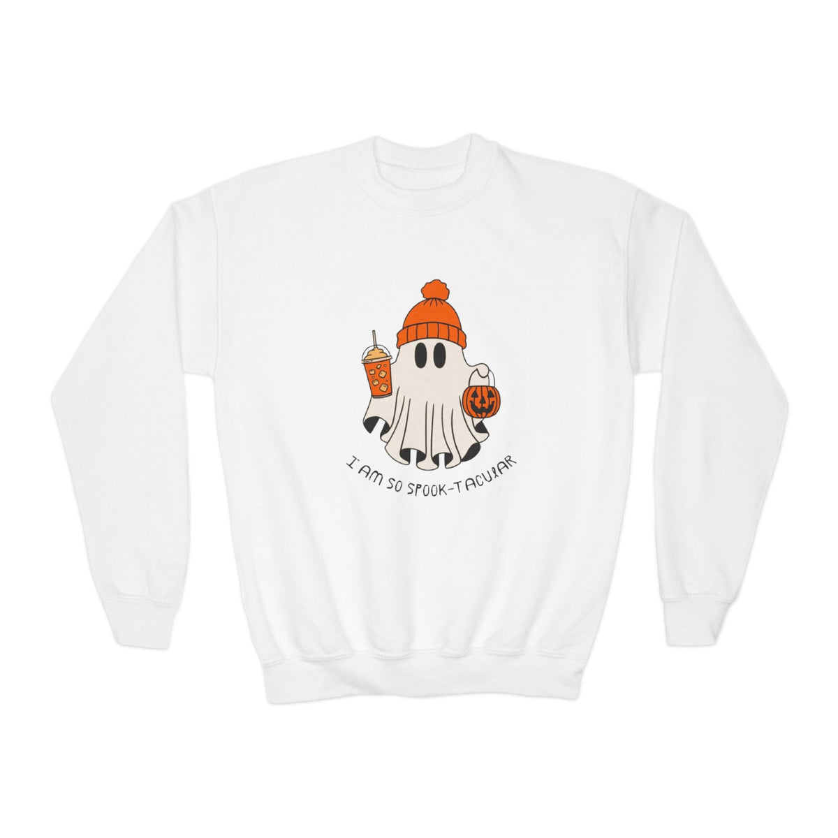 Youth Sweatshirt — Cute Ghost with Pumpkin & Pumpkin Spice ("I Am So Spook-Tacular")