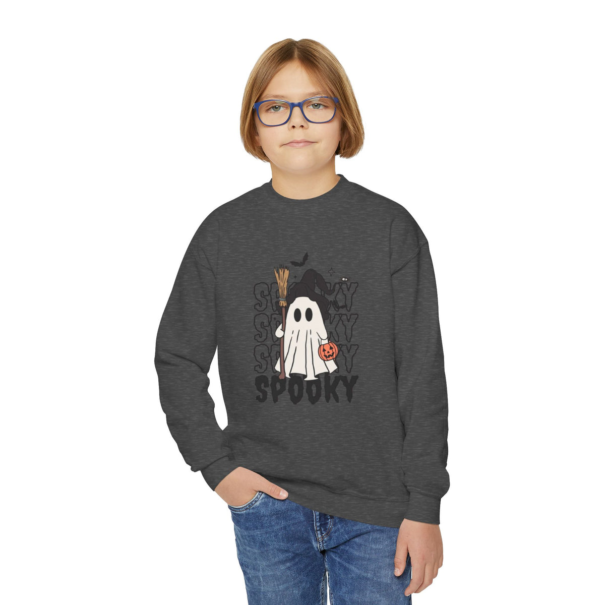 Youth Spooky Ghost Crewneck Sweatshirt — Halloween Kids Pullover