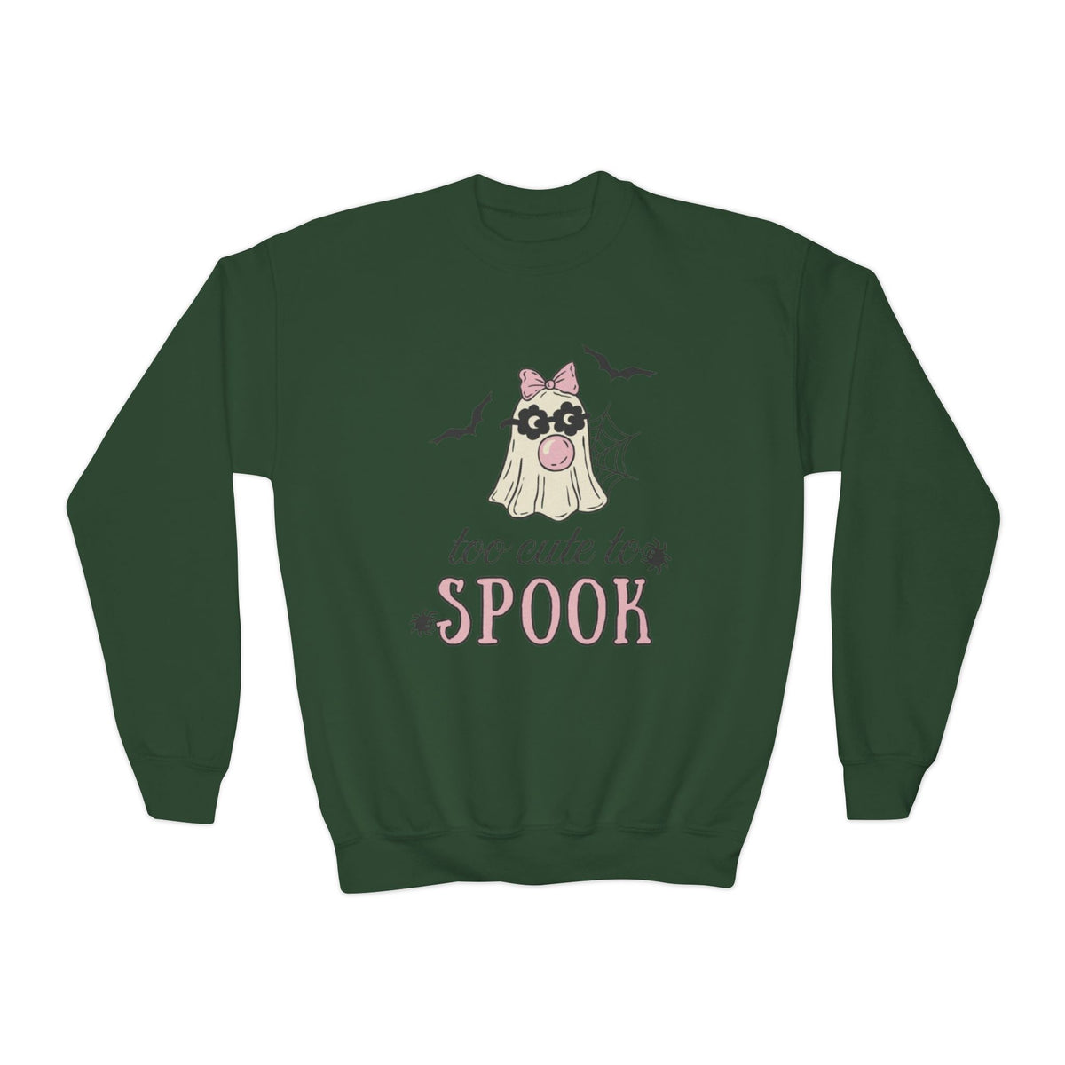 Youth Sweatshirt — "Too Cute to Spook" Halloween Ghost Crewneck